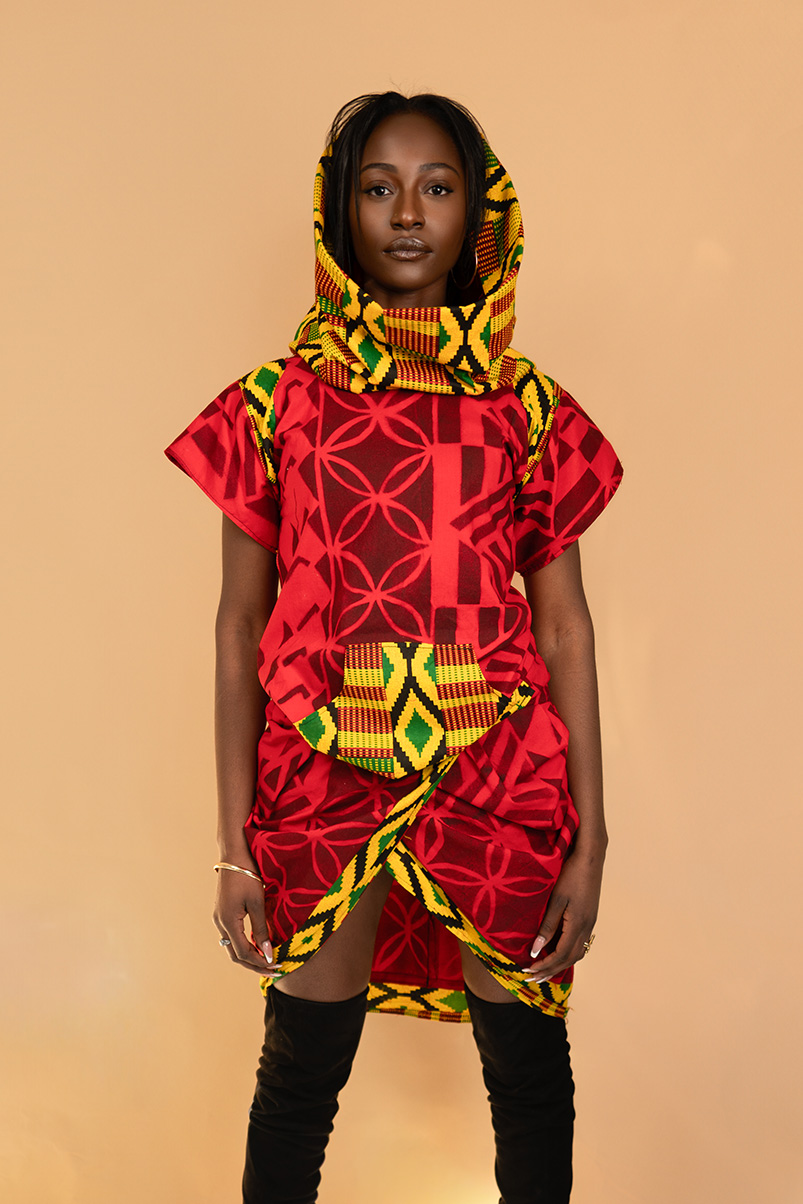 Pop Collar Hoodie Dress in Red and Yellow