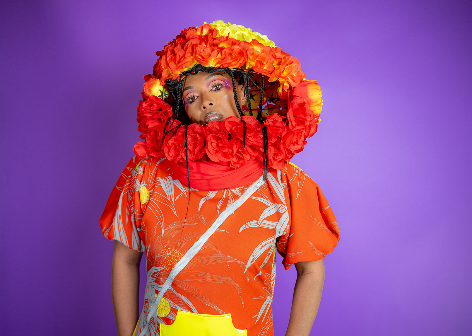 Tunic and floral space helmet 