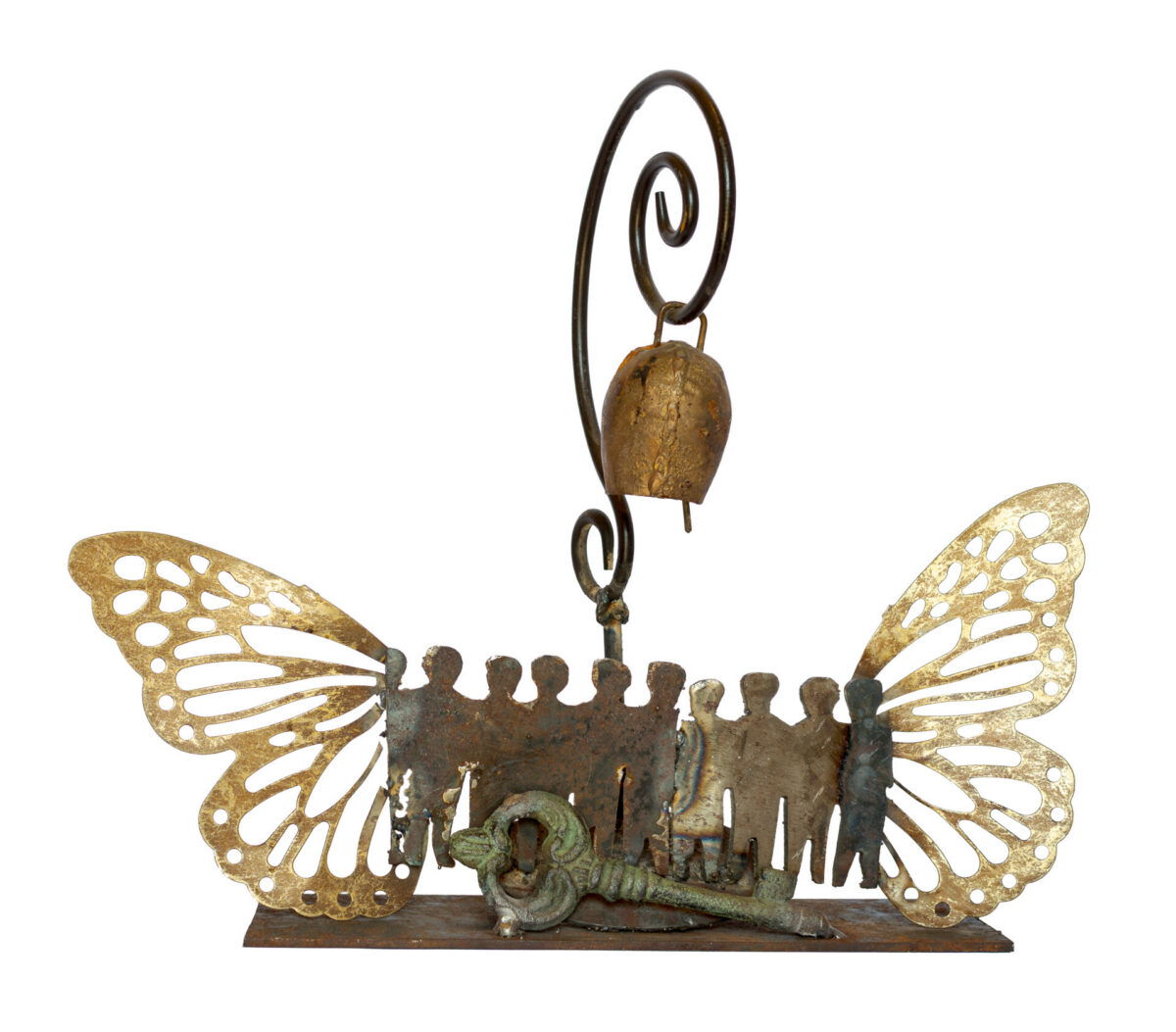 Afatasi’s Let Freedom Ring is a hand-welded steel monument study combining human figures, butterfly wings, a bell, and a key as symbols of collective freedom and remembrance.