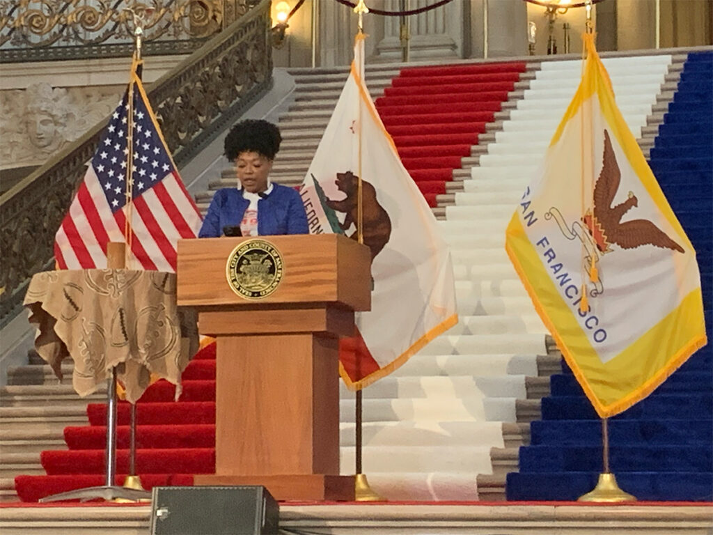 Afatasi speaking at SF City Hall about reparations