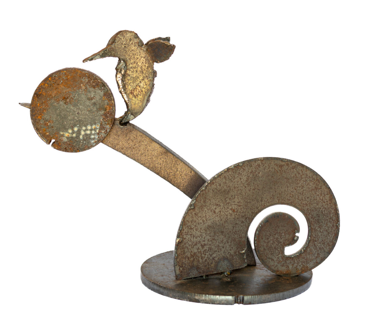 Freestanding hand-welded steel sculpture by Afatasi featuring a bird-like form perched above a circular disc and large spiral on a round metal base.