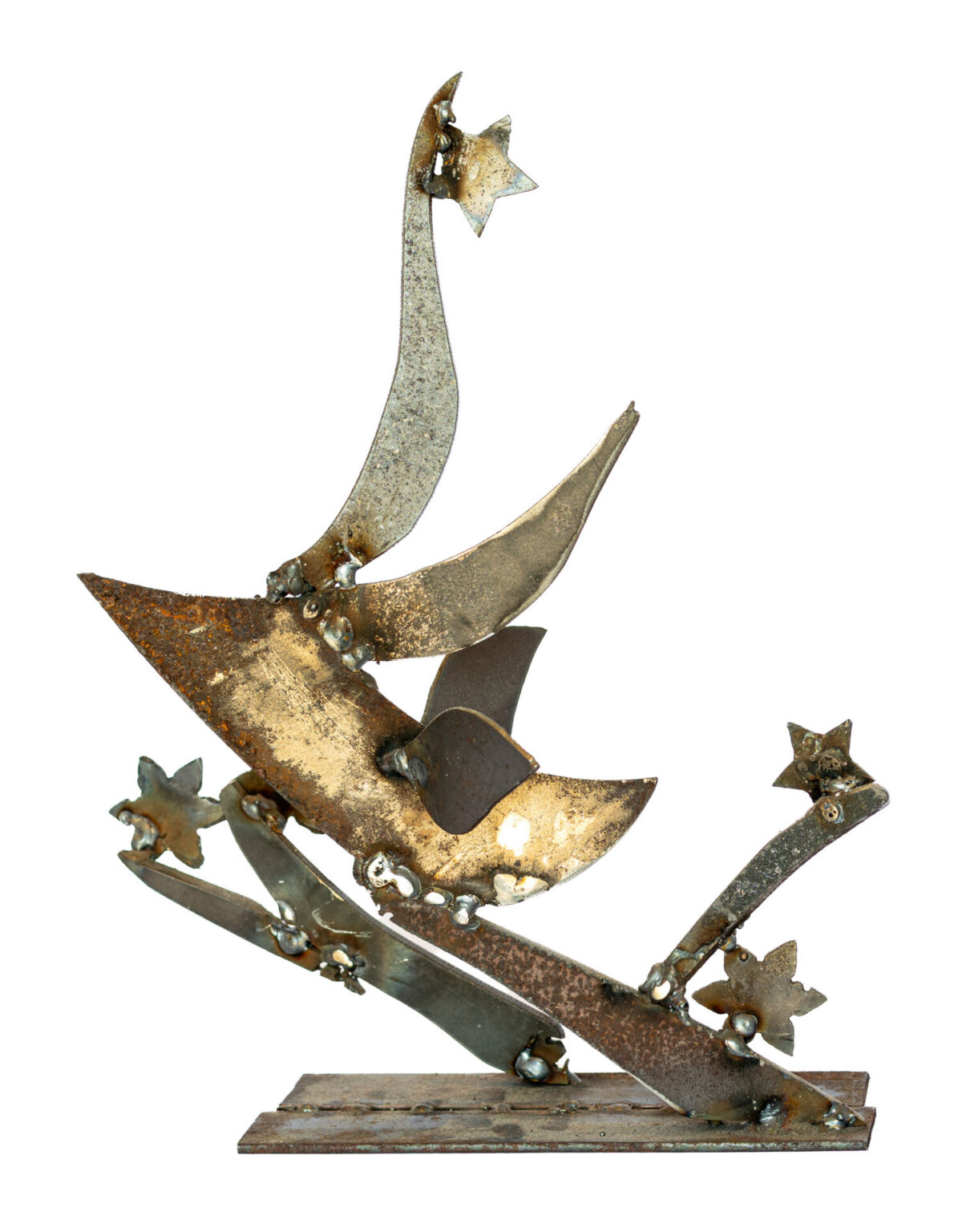 Freestanding hand-welded steel sculpture by Afatasi featuring layered wing-like forms and small stars rising diagonally from a rectangular metal base.
