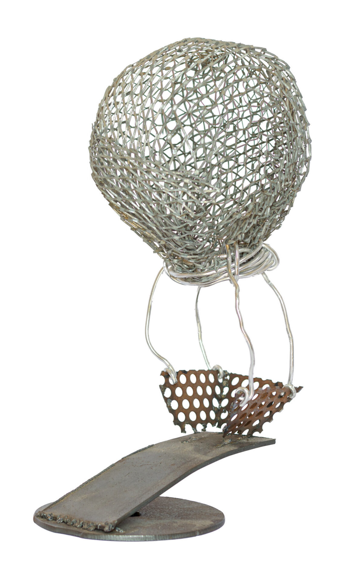Freestanding hand-welded steel sculpture by Afatasi depicting a woven balloon-like form suspended above a perforated basket on a curved metal base.