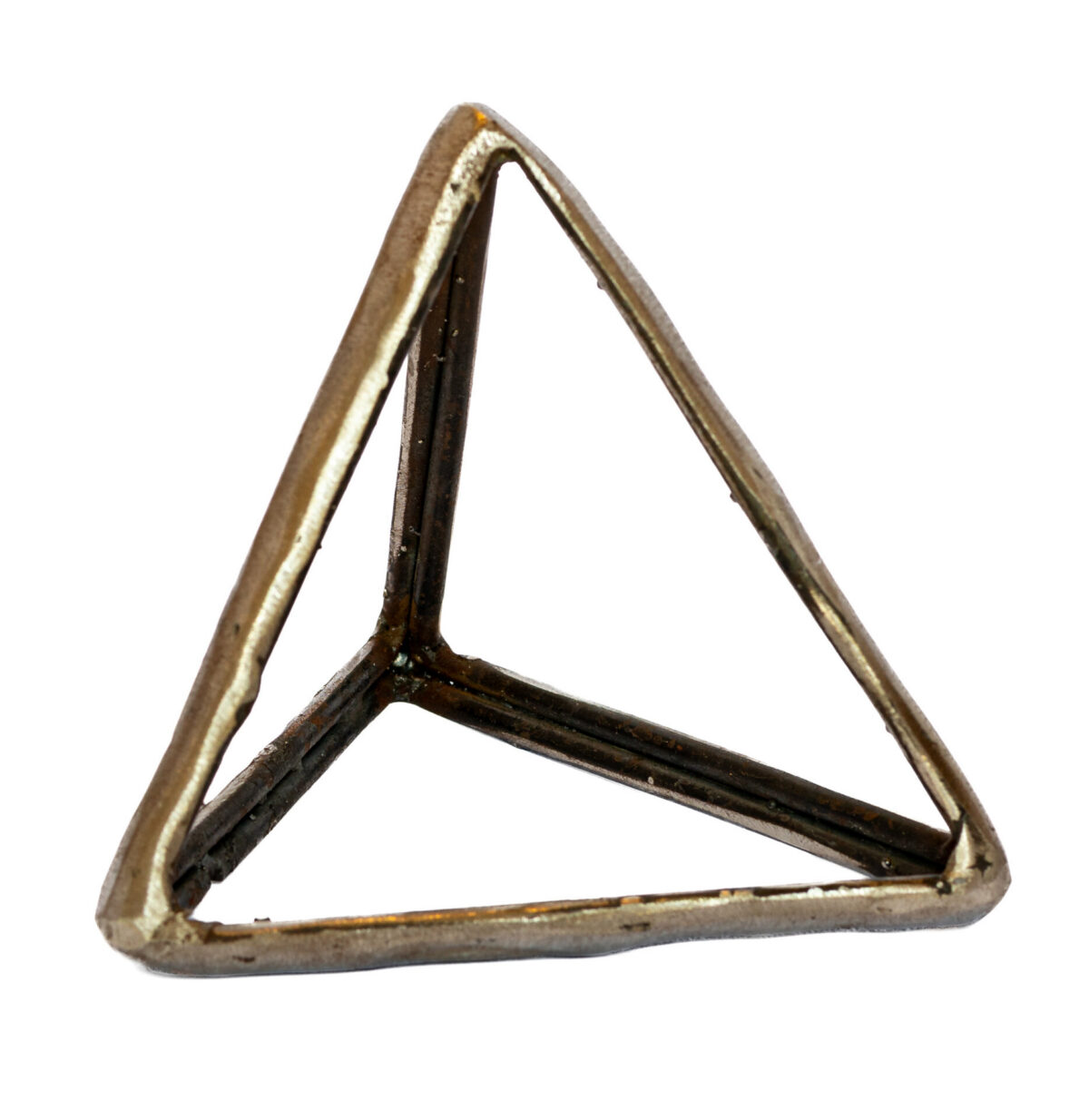 Freestanding hand-welded steel sculpture by Afatasi forming an open three-dimensional triangular structure with internal supports.