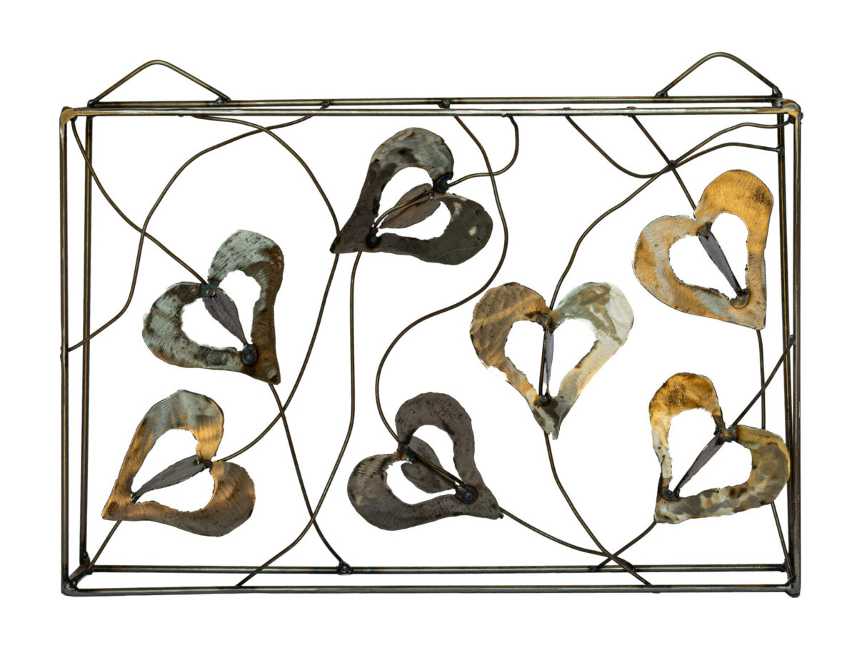 Welded-steel wall sculpture by Afatasi featuring seven open heart forms connected by looping steel lines within a rectangular frame.