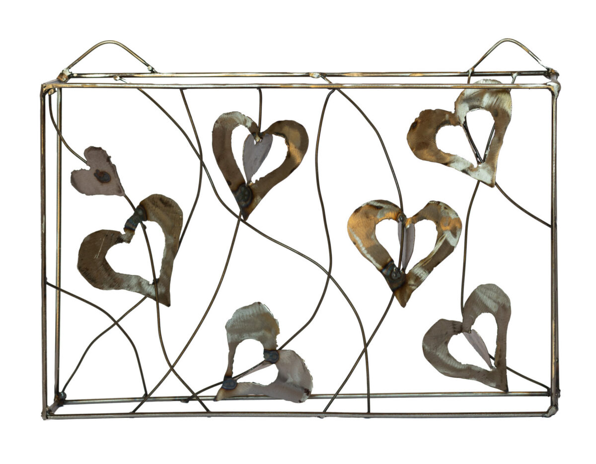 Welded-steel wall sculpture by Afatasi featuring seven heart forms connected by flowing steel lines within a rectangular frame.