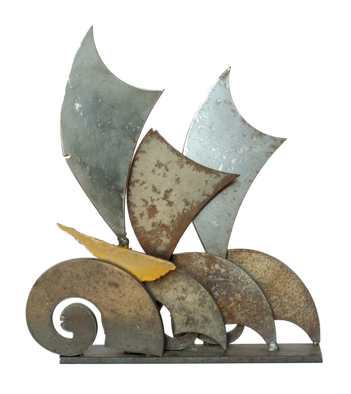 Freestanding hand-welded steel sculpture by Afatasi featuring three overlapping sail-like forms rising above layered spiral waves on a rectangular base.