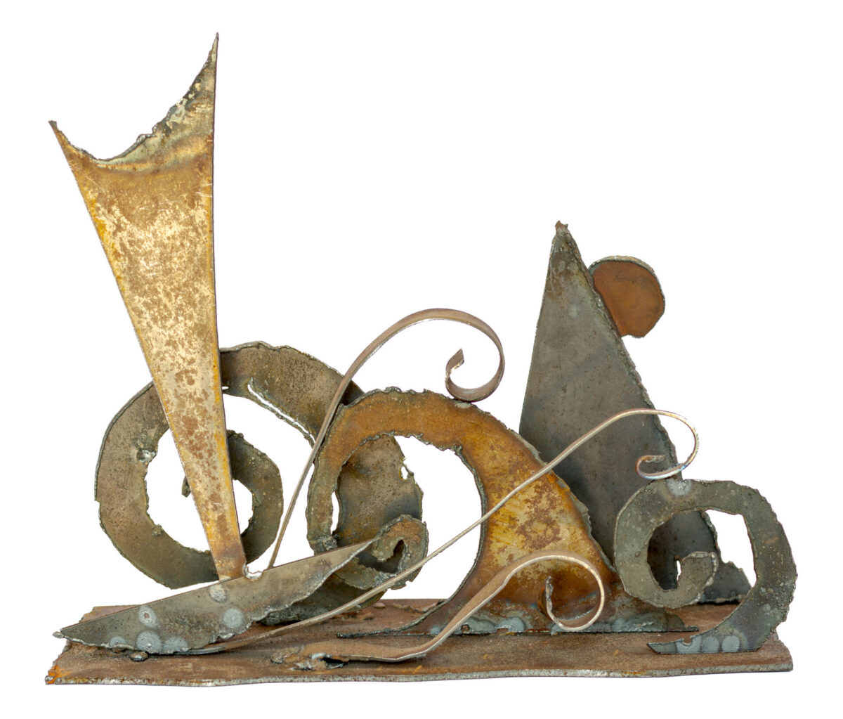 Freestanding hand-welded steel sculpture by Afatasi depicting a vessel with a tall sail moving through curling waves beneath a triangular landform and circular sun.