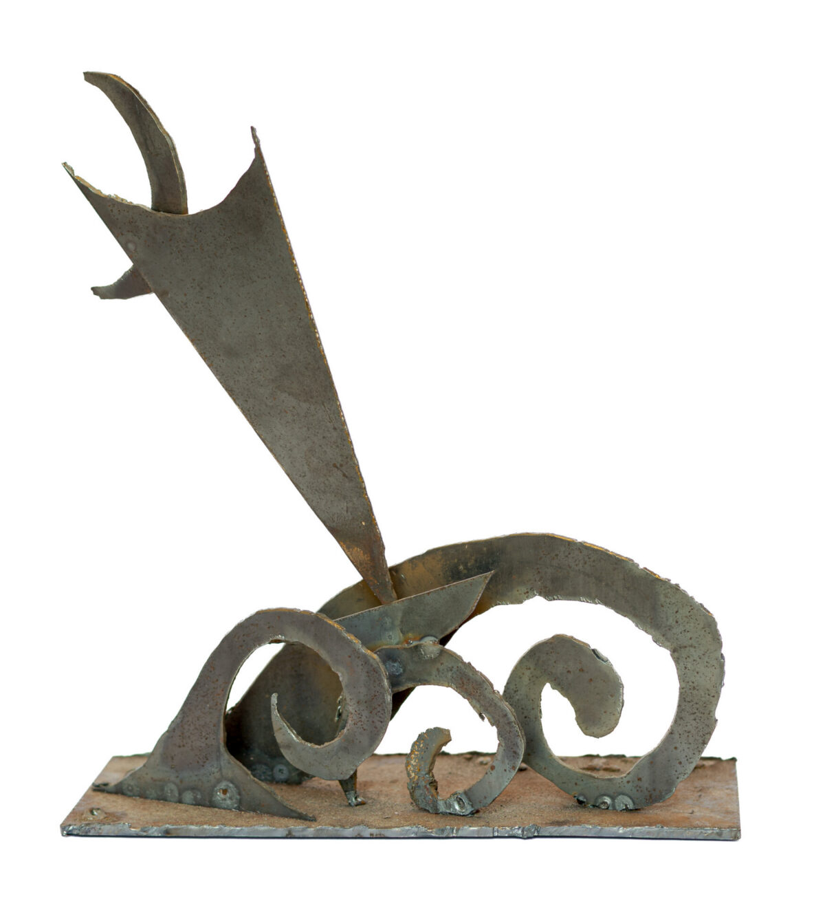 Freestanding hand-welded steel sculpture by Afatasi depicting a vessel with a tall triangular sail and crescent moon rising above curling waves.