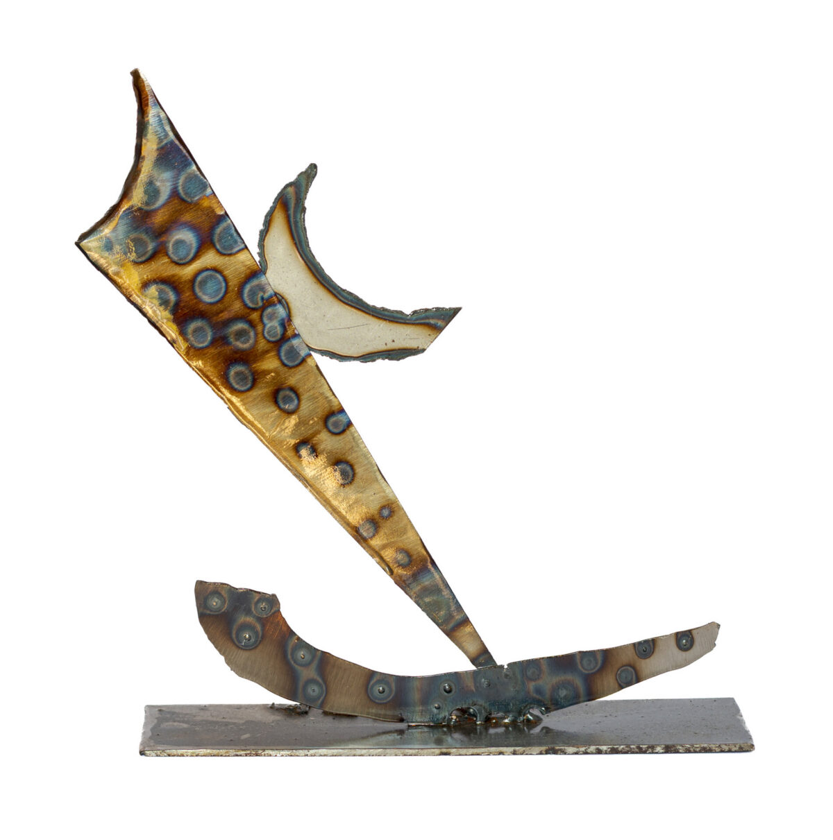 Freestanding welded-steel sculpture by Afatasi depicting a curved vessel with a tall patterned sail and crescent moon on a rectangular metal base.