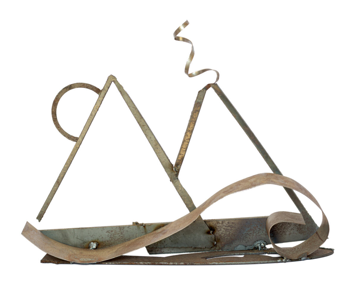 Freestanding hand-welded steel sculpture by Afatasi featuring two angular mountain forms, a circular sun, and sweeping ribbon-like terrain on a rectangular base.