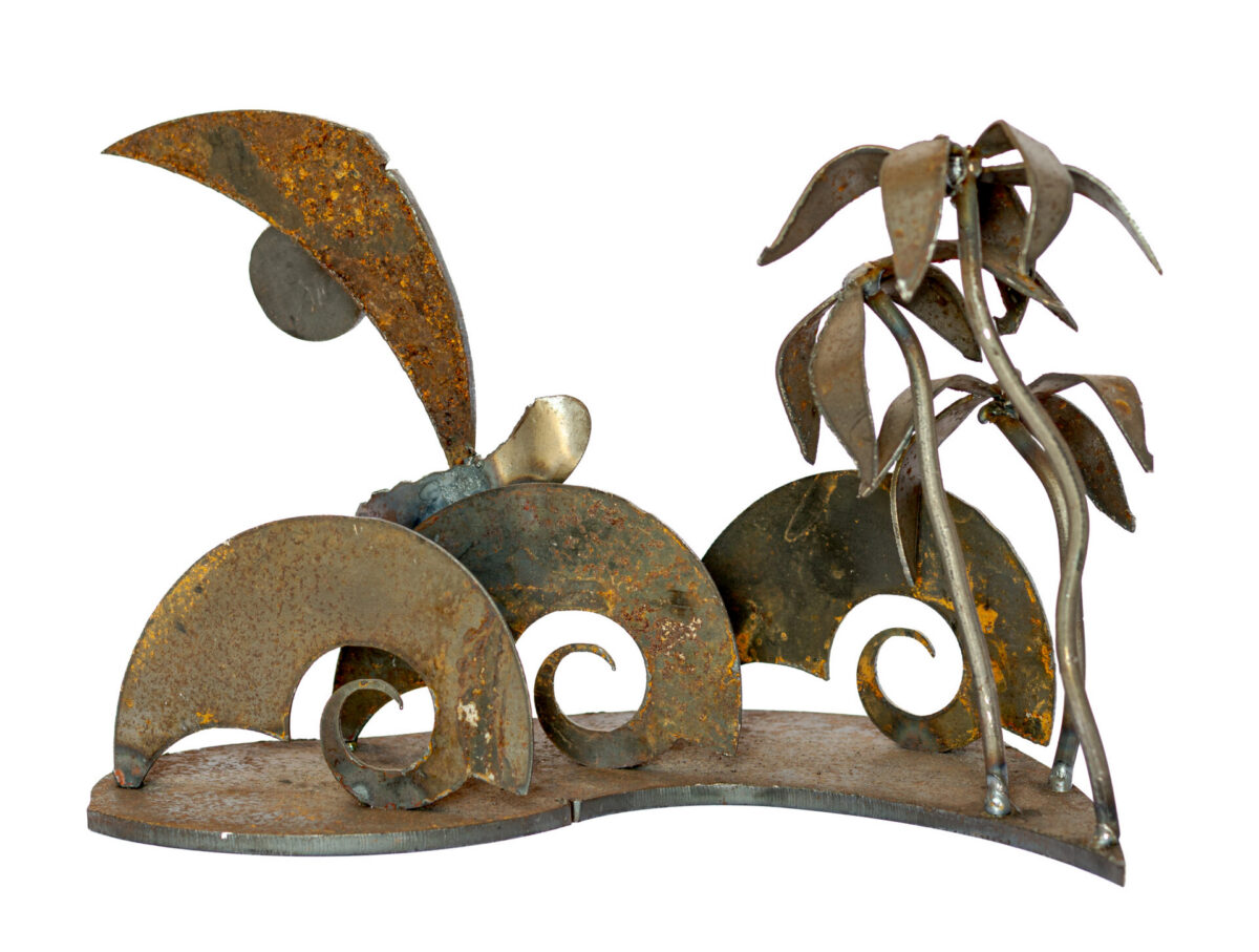 Freestanding hand-welded steel sculpture by Afatasi featuring layered spiral landforms, a crescent shape, circular sun, and palm-like forms on a curved metal base.
