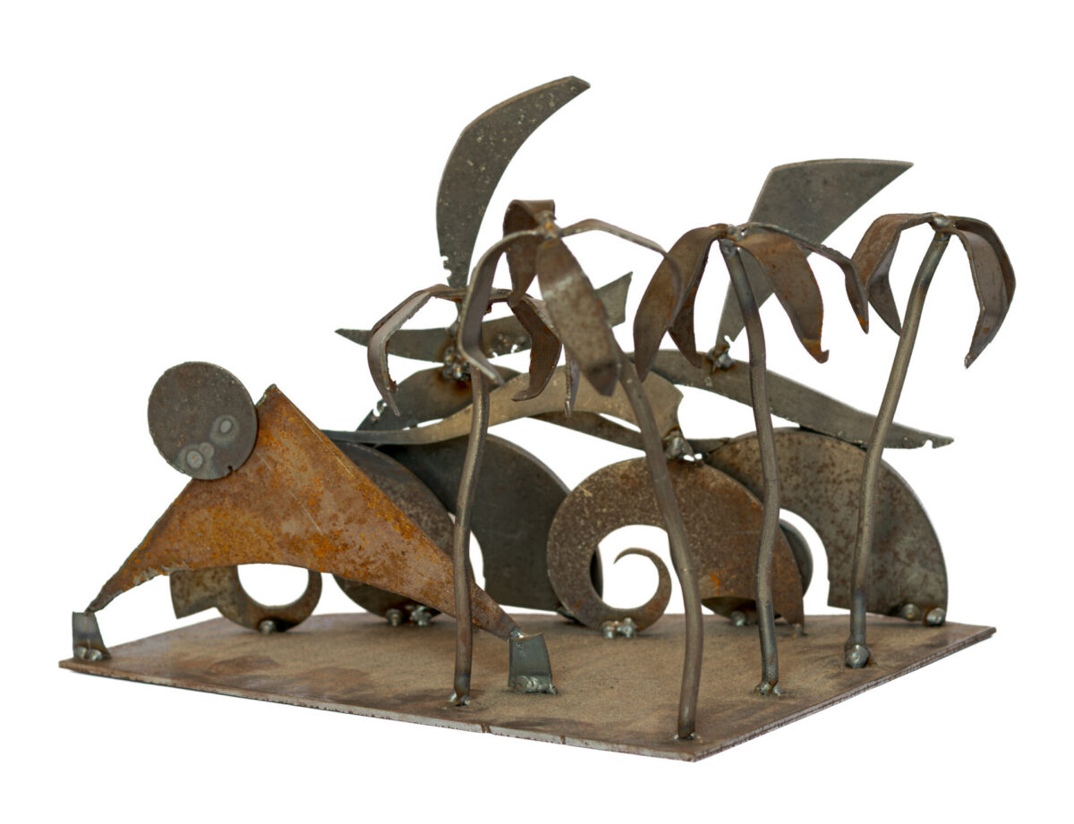 Freestanding hand-welded steel sculpture by Afatasi featuring layered spiral landforms, palm-like structures, crescent shapes, and a circular sun on a rectangular base.