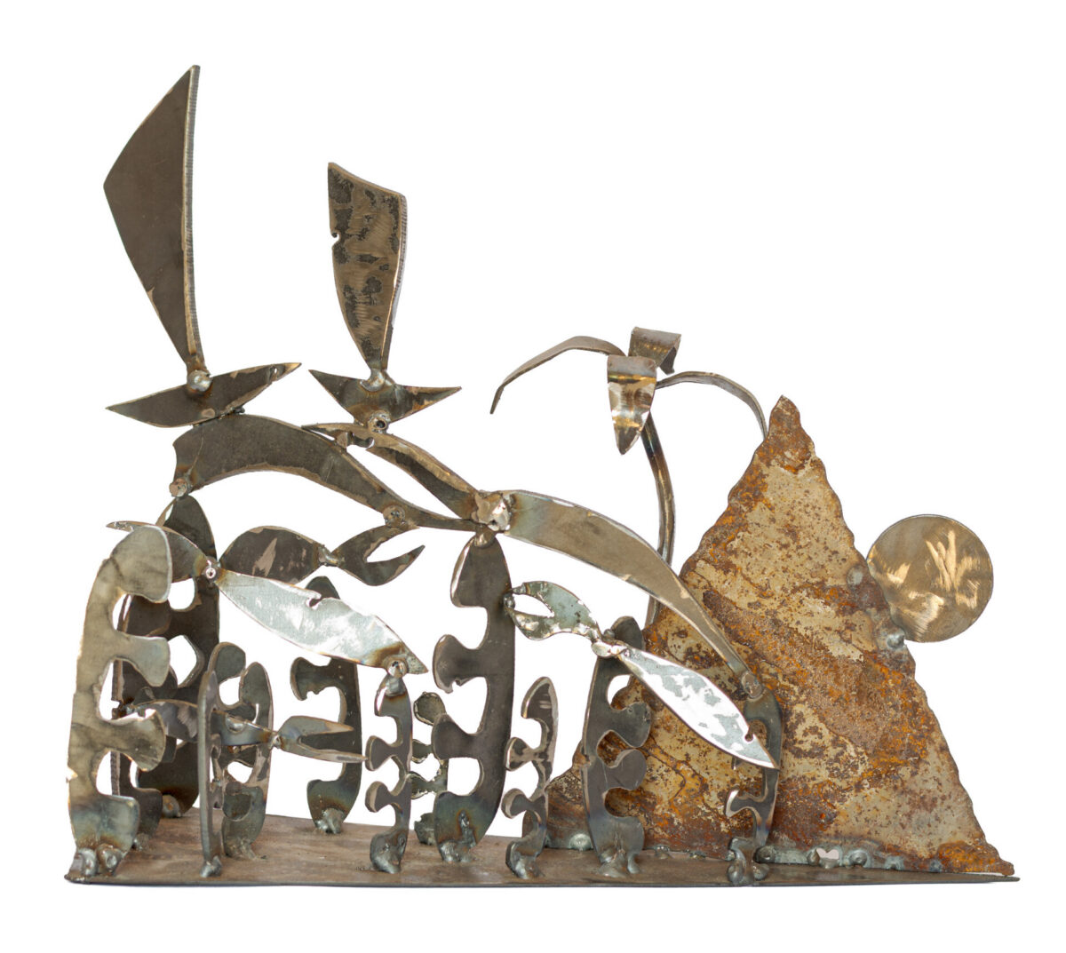 Freestanding hand-welded steel sculpture by Afatasi featuring layered abstract vegetation, sail-like and leaf-like forms, a mountain shape, and a circular sun on a rounded base.
