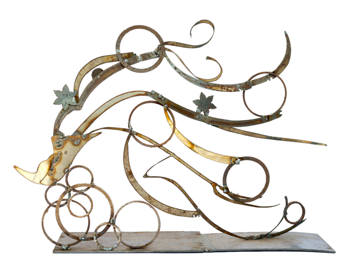 Freestanding hand-welded steel sculpture by Afatasi featuring an abstract marine form with looping circular shapes, flowing wave-like lines, and star-like motifs on a rectangular base.