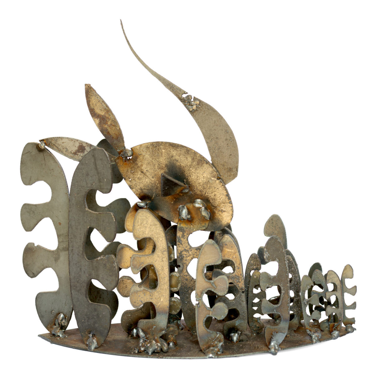 Freestanding hand-welded steel sculpture by Afatasi featuring layered plant-like and marine forms rising beneath two long curved elements on a rounded metal base.