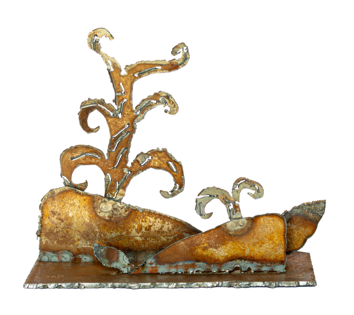 Freestanding hand-welded steel sculpture by Afatasi featuring two rounded marine forms with curling, plant-like shapes rising above them on a rectangular base.