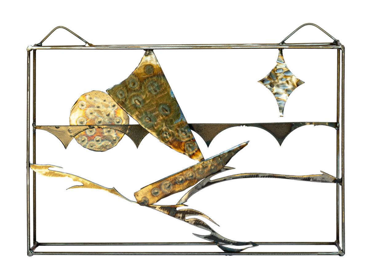 Salvaged-steel wall sculpture by Afatasi depicting a solitary sailboat moving beneath a sun and evening star across an abstract river landscape.