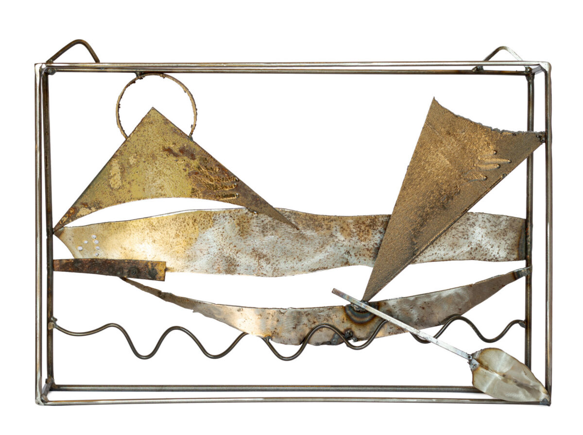 Framed hand-welded steel sculpture by Afatasi featuring a river vessel, angular sails, a circular sun, waves, and an oar.