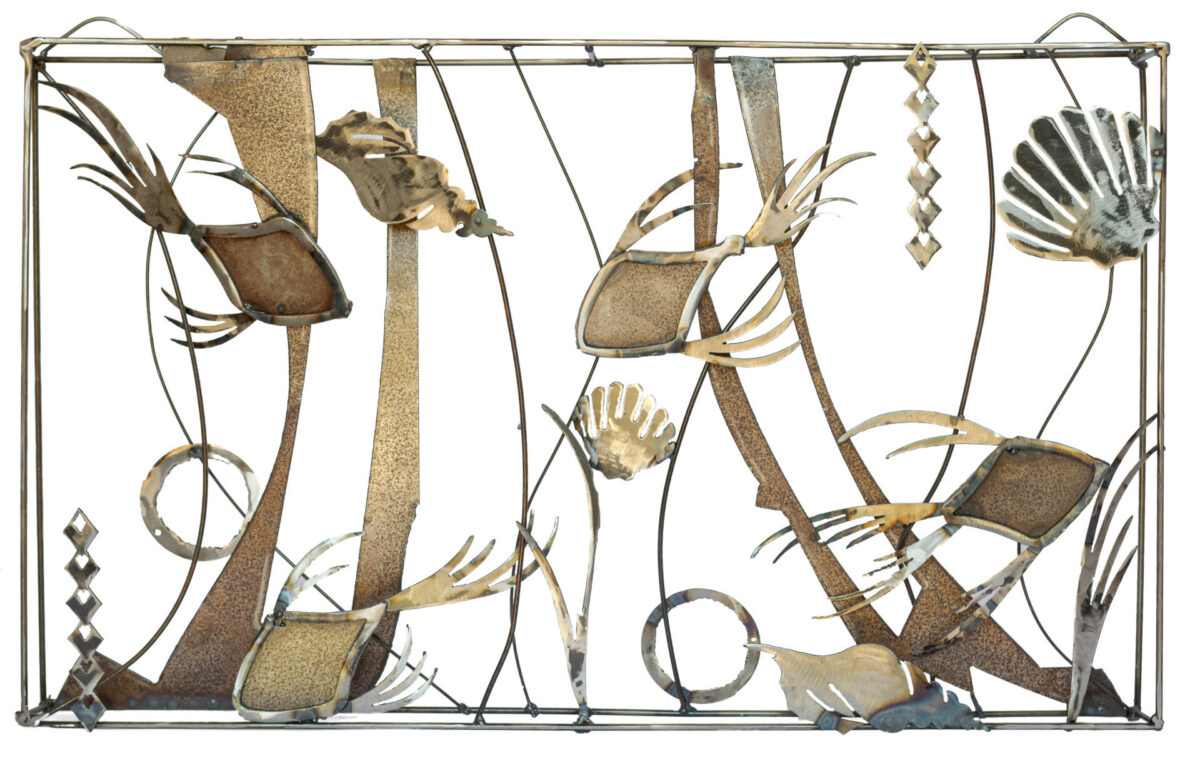 Framed hand-welded steel sculpture by Afatasi featuring abstract fish, shells, aquatic plants, and flowing lines inspired by an underwater landscape.