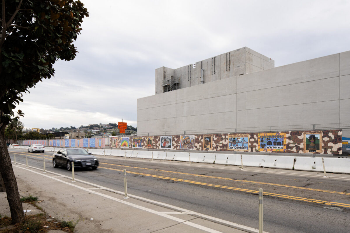 Afatasi The Artist; Modalitites and Motifs; 2023; Southeast Wastewater Treatment Plant Construction Fence Temporary Mural Installation; Photo Credit Ethan Kaplan; Courtesy of the San Francisco Arts Commission