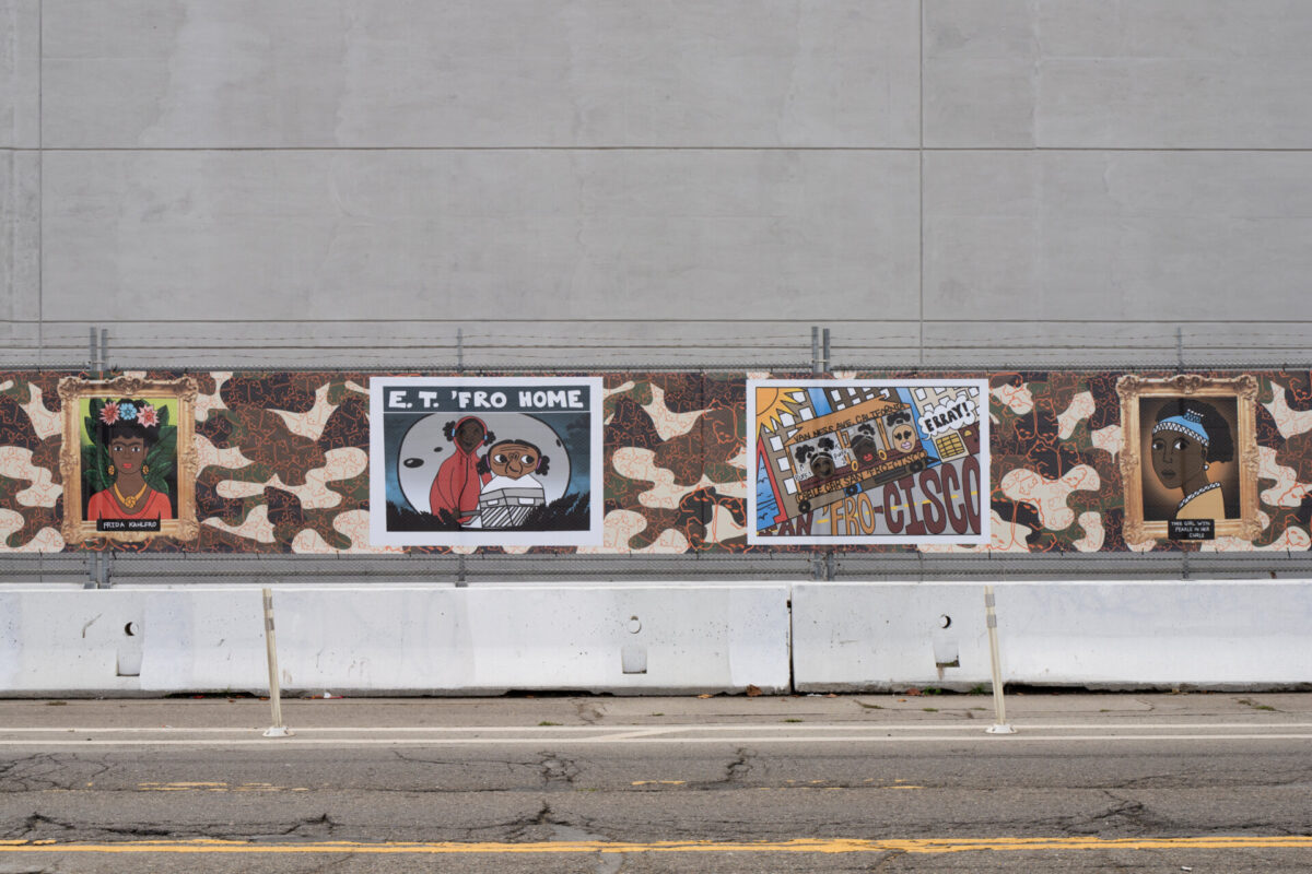 Afatasi The Artist; Modalitites and Motifs; 2023; Southeast Wastewater Treatment Plant Construction Fence Temporary Mural Installation; Photo Credit Ethan Kaplan; Courtesy of the San Francisco Arts Commission