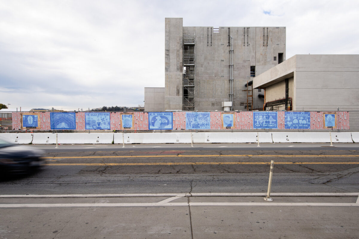 Afatasi The Artist; Modalitites and Motifs; 2023; Southeast Wastewater Treatment Plant Construction Fence Temporary Mural Installation; Photo Credit Ethan Kaplan; Courtesy of the San Francisco Arts Commission